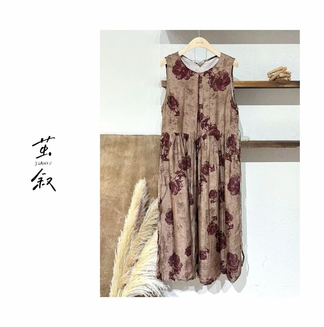 JIAN.XU【流光系画】复古中式圆领气质秋冬印花背心裙长款连衣裙