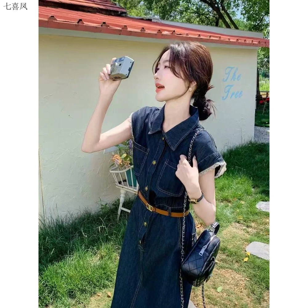 夏季显瘦收腰连衣裙小个子气质牛仔裙复古韩版设计感裙子