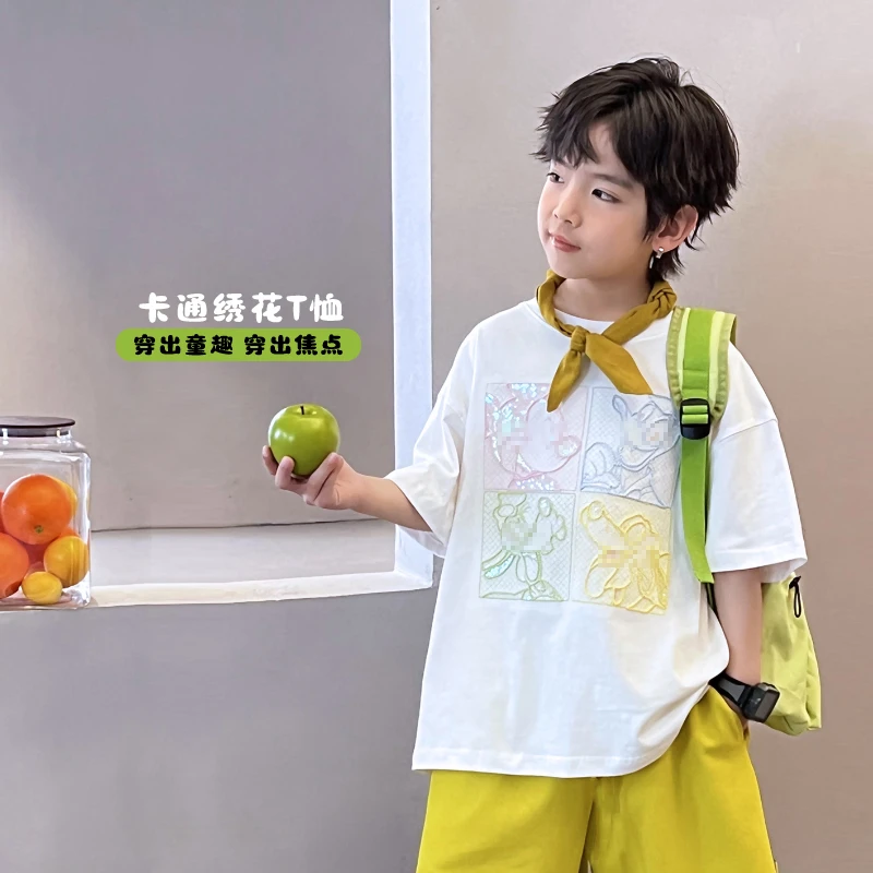 儿童短袖T恤夏季薄款男童潮男中大童卡通亮片绣花上衣504126O0