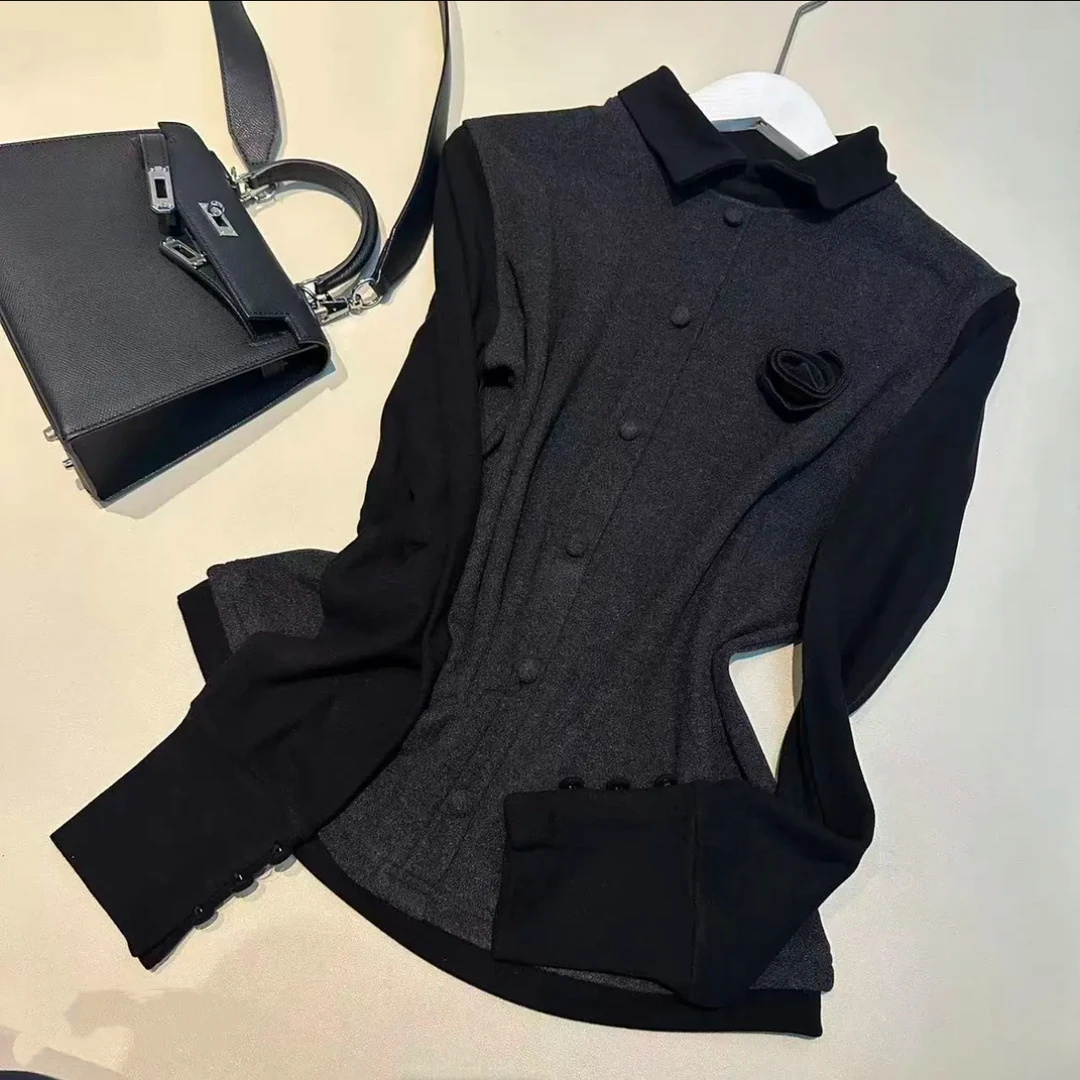 立体玫瑰打底衫秋冬新款翻领设计感时尚撞色拼接显瘦上衣