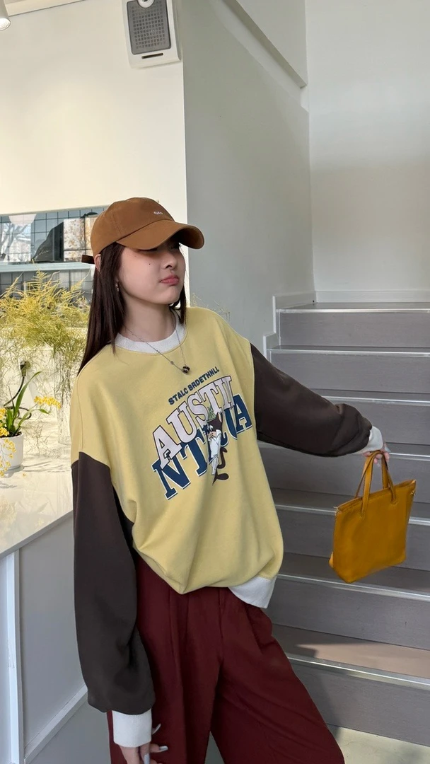 088【春季新款】前印大字母袖拼色韩版卡通圆领卫衣（1627）