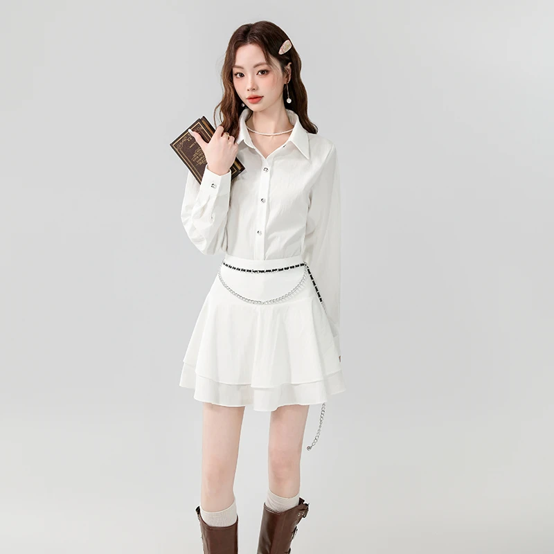 2025春夏季新款减龄学院风气质白色衬衣显瘦高腰荷叶边短裙两件套