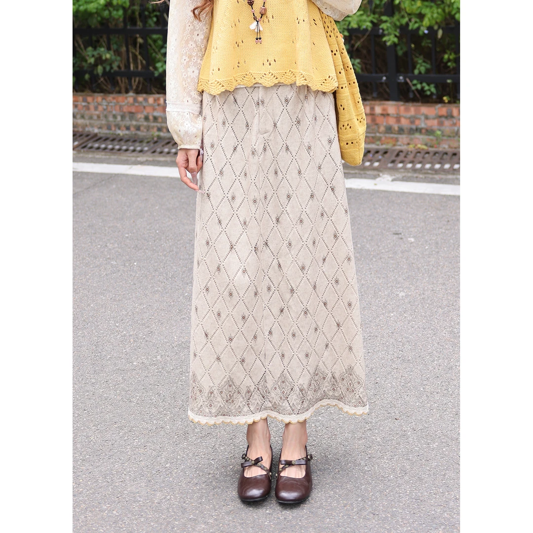 温舒敏【布拉格秋】港风复古菱形格印花中长款半身裙MJ1689298