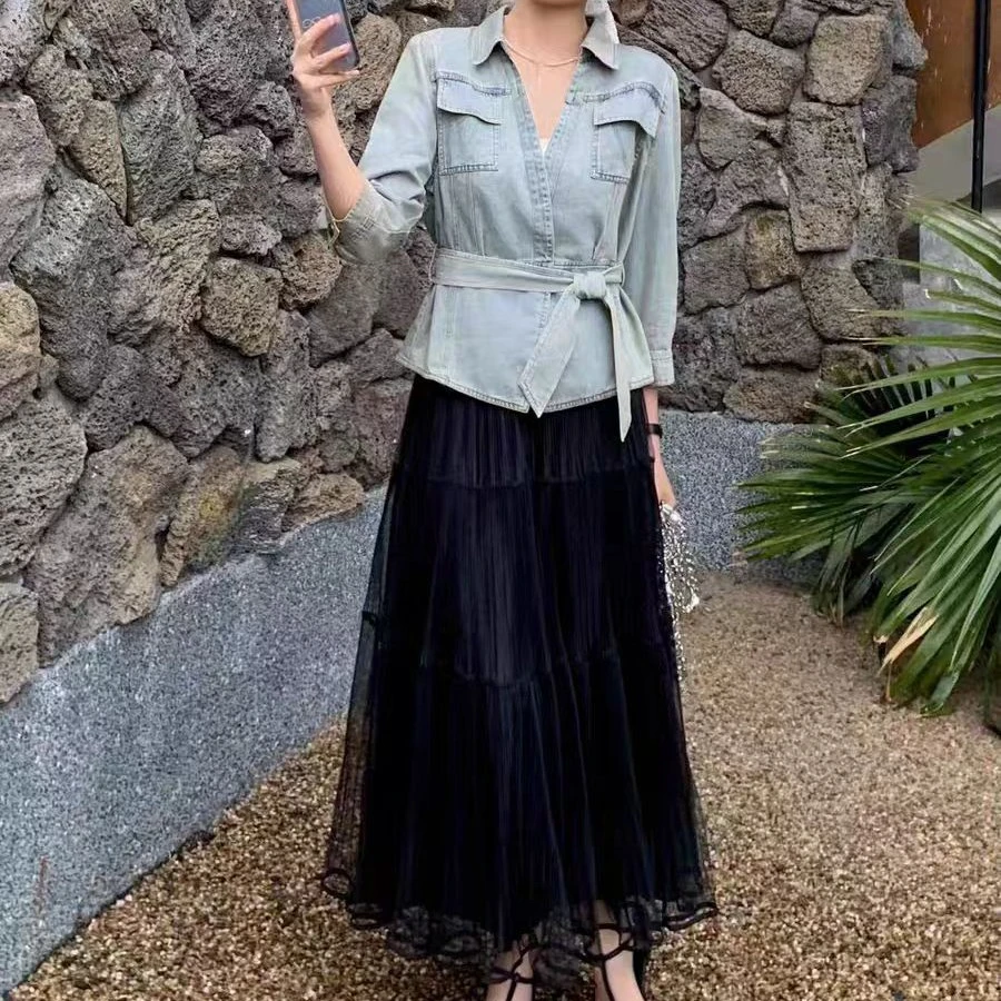 牛仔INS风系带收腰上衣仙女半身裙套装A14147