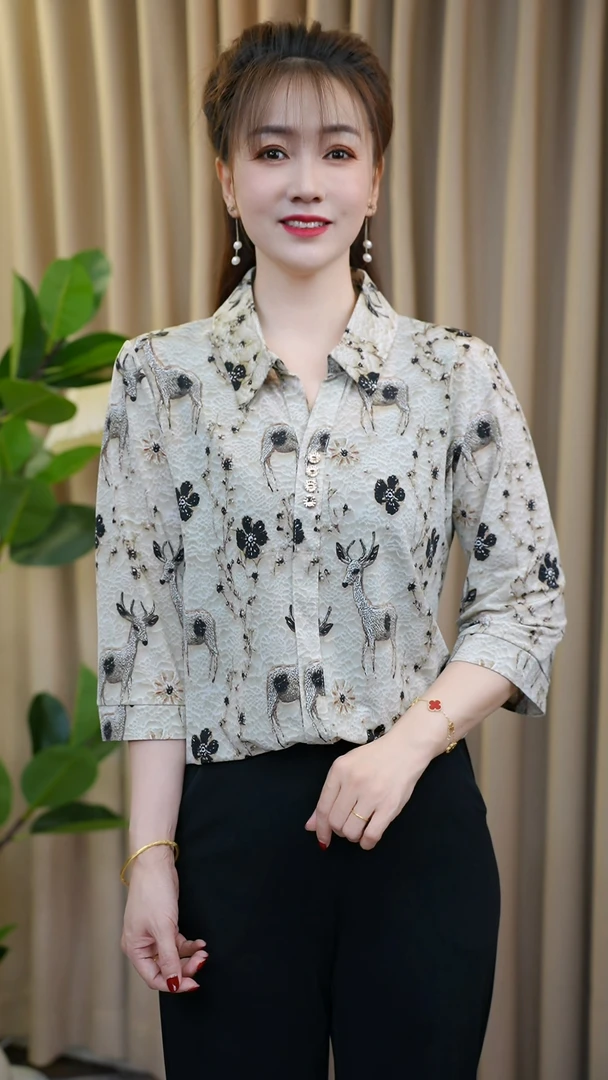 妈妈装时尚衬衫印花2025新款洋气夏季减龄小衫宽松中老年上衣