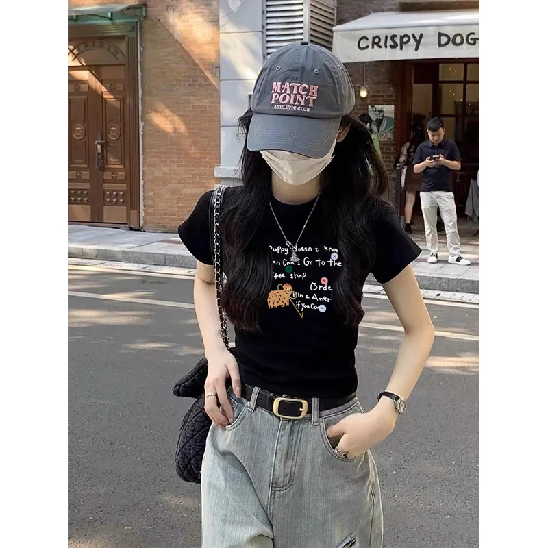 短袖正肩t恤女2025夏季新款圆领修身显瘦基础款体恤洋气印花上衣