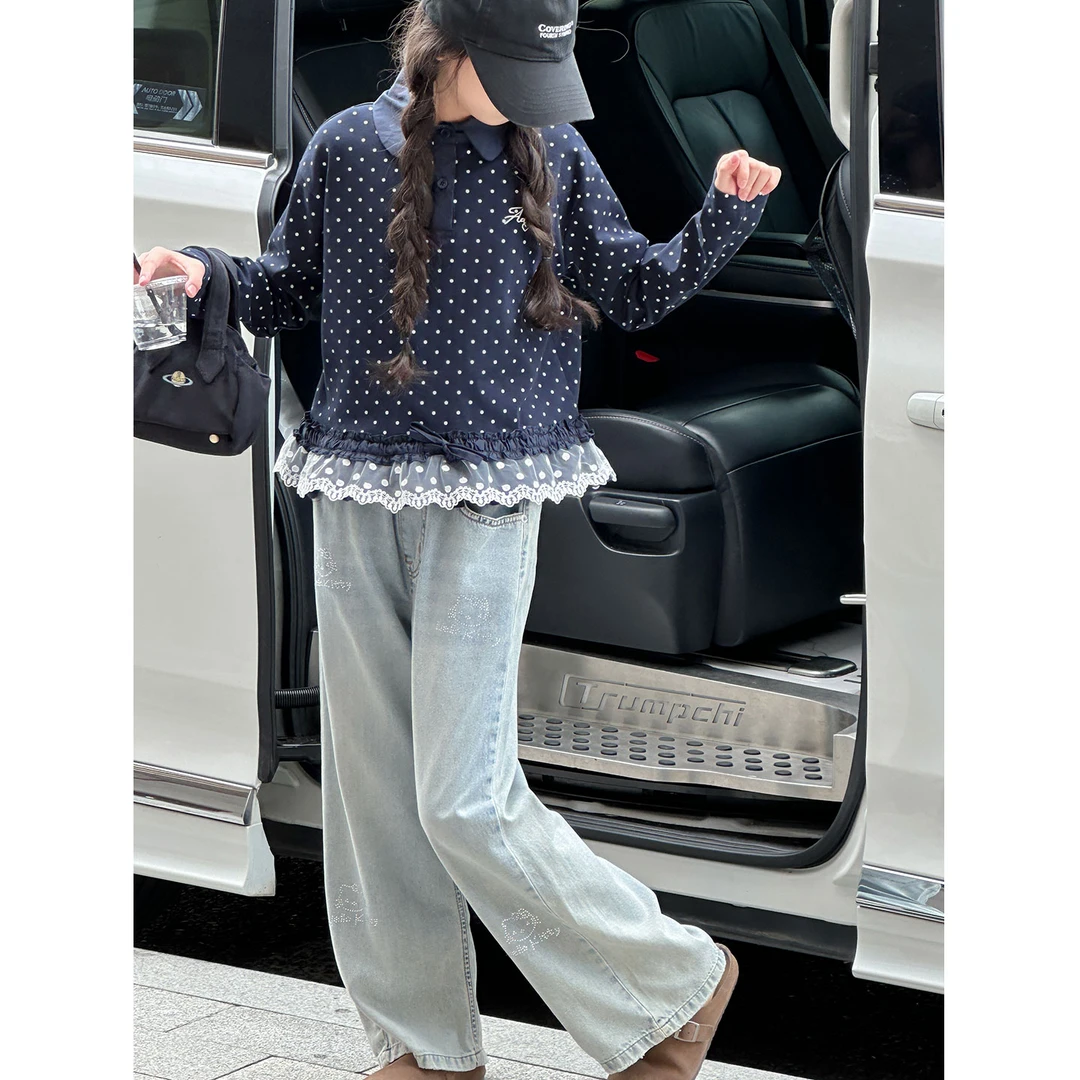 K29620孙小美波点蕾丝女童长袖T恤2025秋装新款polo衫春秋上衣潮t