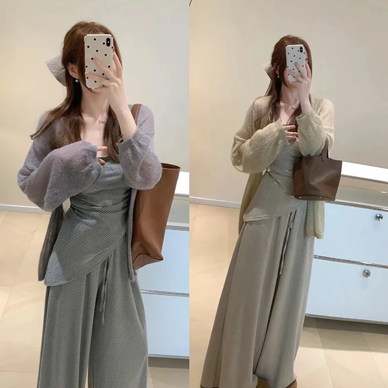 薄款氛围感开衫外套韩系松弛条纹吊带背心高腰阔腿休闲裤三件套装