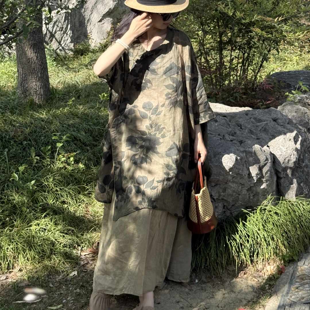 【苏里】2025夏季新款纯苎麻中国风印花连衣裙中长款斜襟珠扣上衣