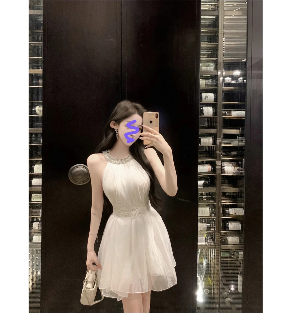 【落落白月】(煎妮专属)韩系千金名媛挂脖裙子镶钻蕾丝露肩连衣裙