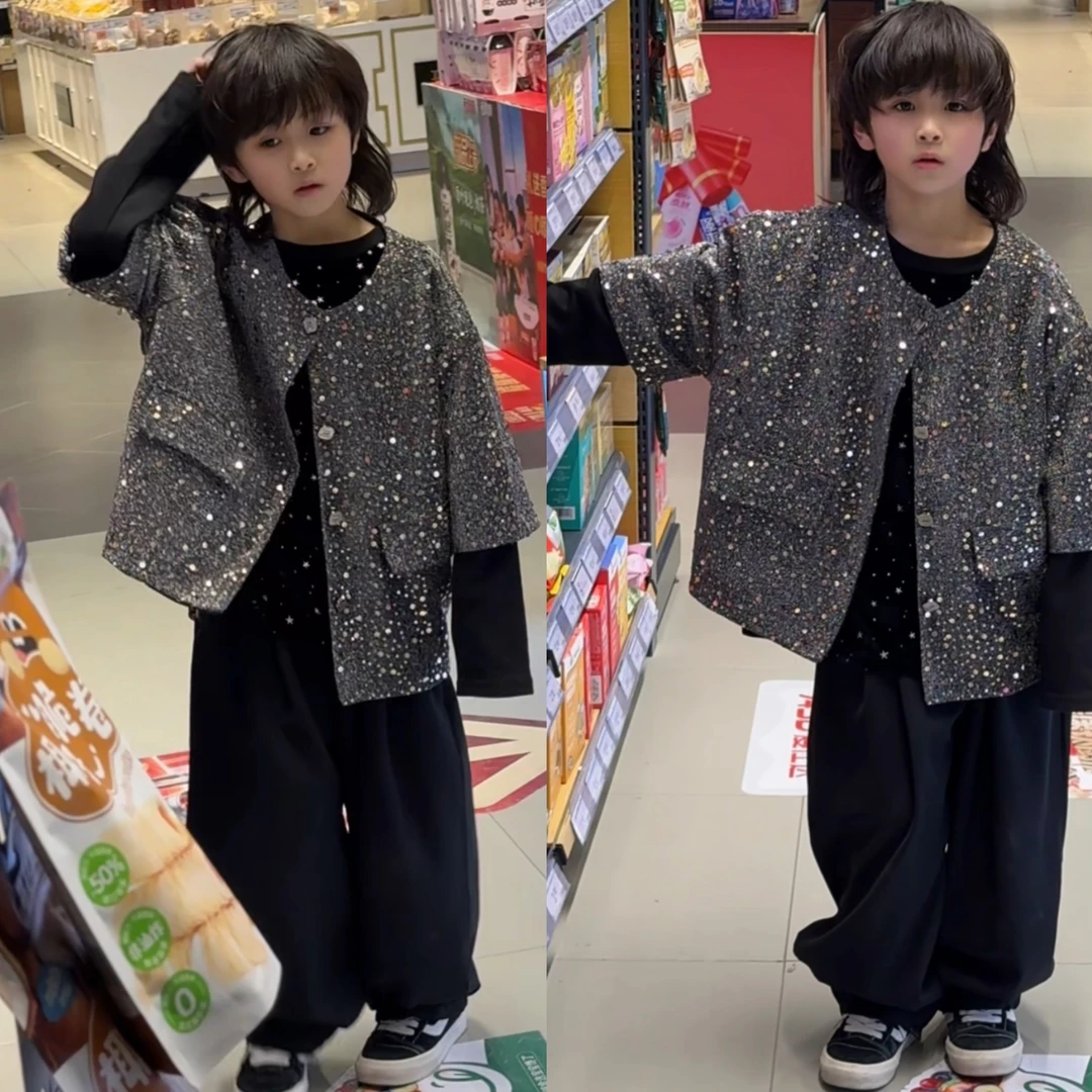 三乐乐家儿童男女童嘻哈风韩版网红街舞宽松百搭亮片外套