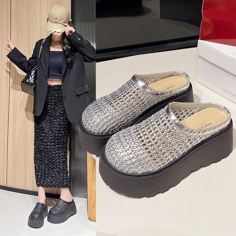 厚底洞洞包头拖鞋女外穿2025年夏季新款网面透气网红懒人凉拖鞋子