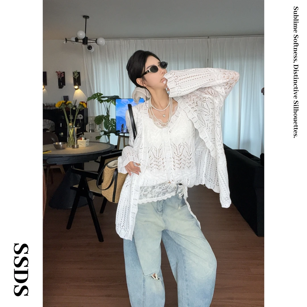SSDS韩系早秋花瓣开衫镂空冰丝背心吊带羊毛修身显瘦百搭宽松上衣