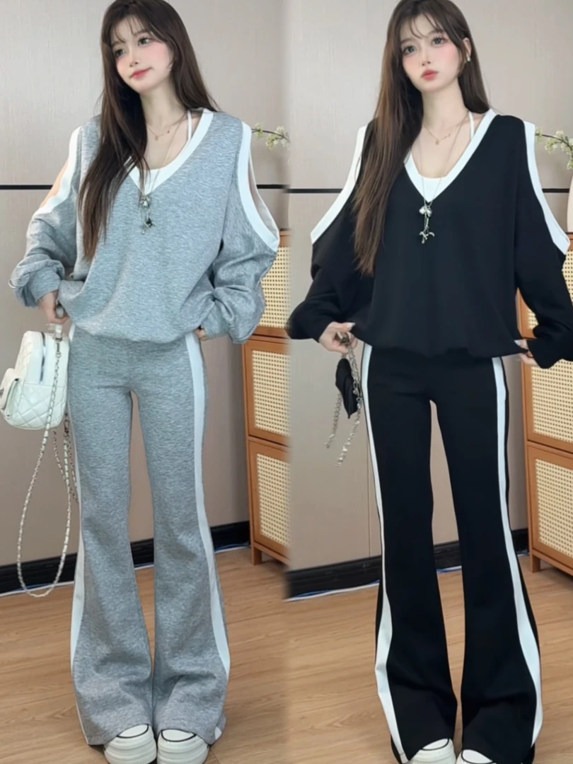 穿搭一整套女V领露肩松弛感长袖卫衣高腰显瘦微喇裤两件套