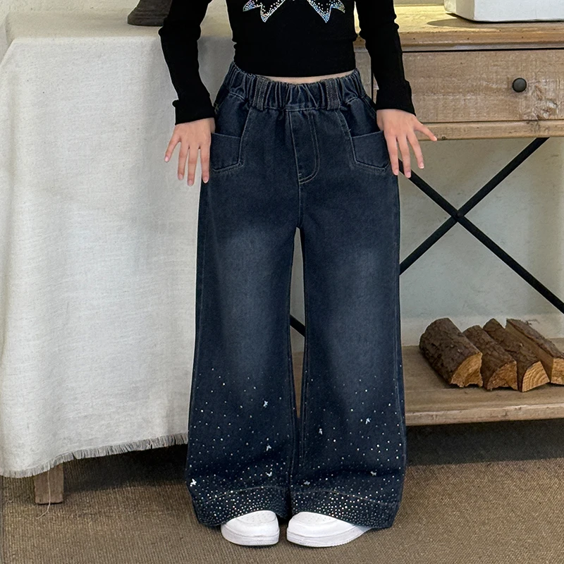女童裤子春秋款2025新款女中大童阔腿裤初中生宽松牛仔裤直筒长裤