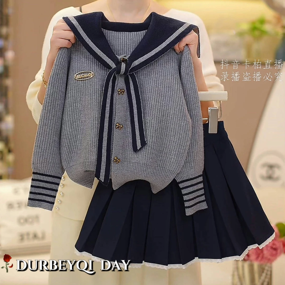 DURBEYQI/朵贝奇女童2025春季新款海军翻领松紧腰百褶裙套装5160