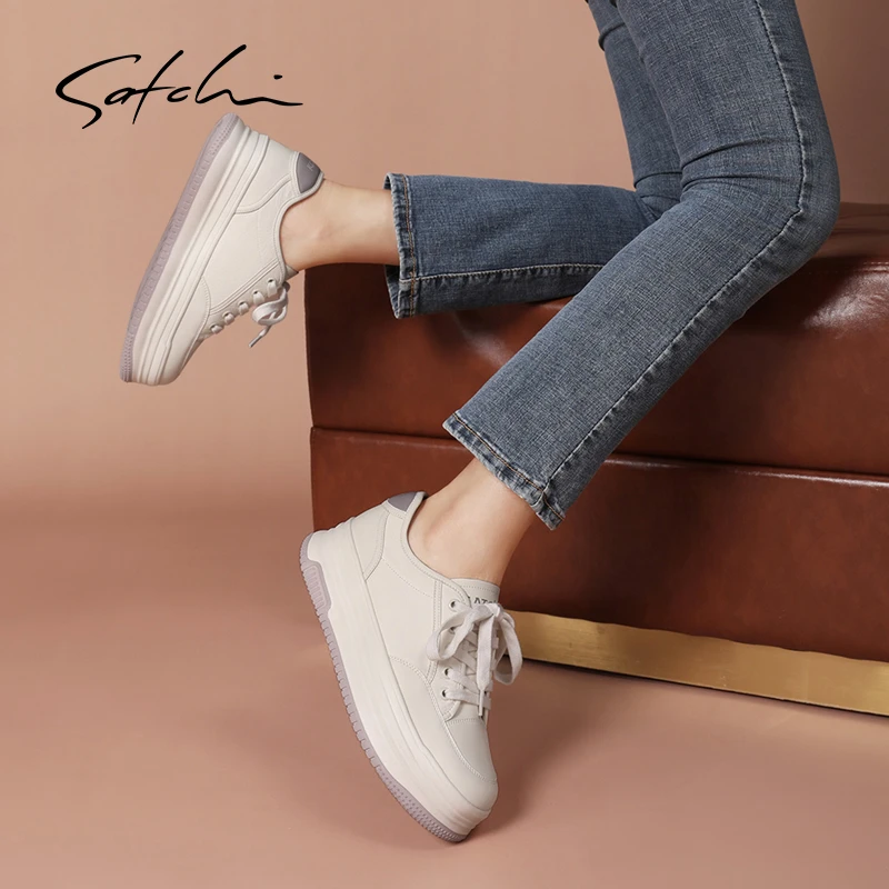 沙驰 牛皮休闲板鞋软底舒适小白鞋面包鞋厚底运动女鞋