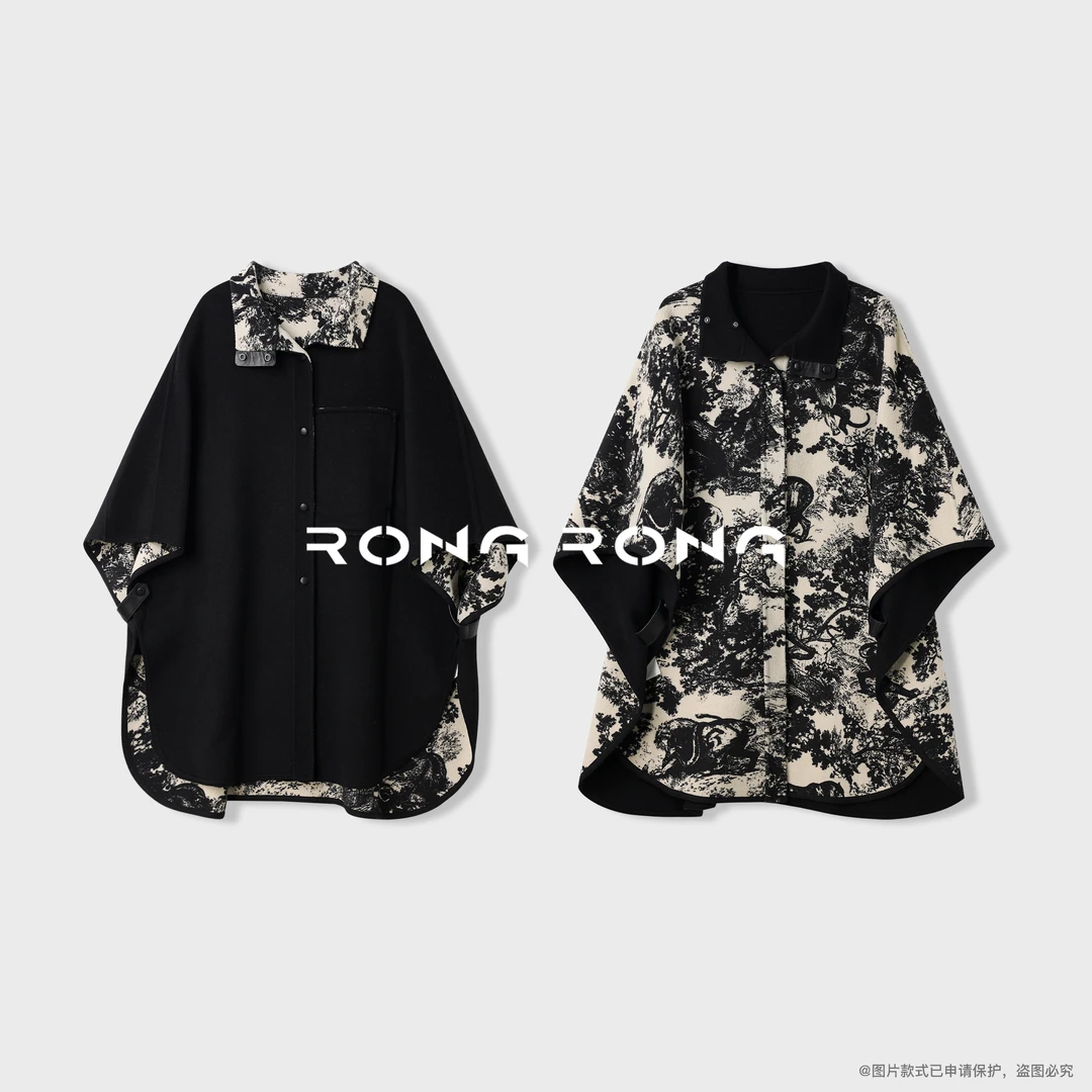 溶溶【丛林画卷】RONGRONG 100绵羊毛双面法式轻奢印花呢大衣25039