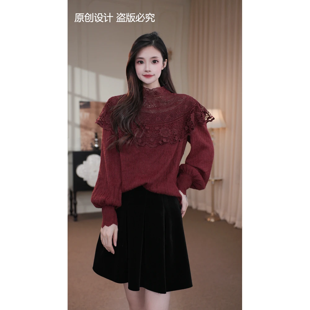 宁宁·西雅图之夜·秋装纯色拼接花朵设计感斗篷小衫上衣女装-91203