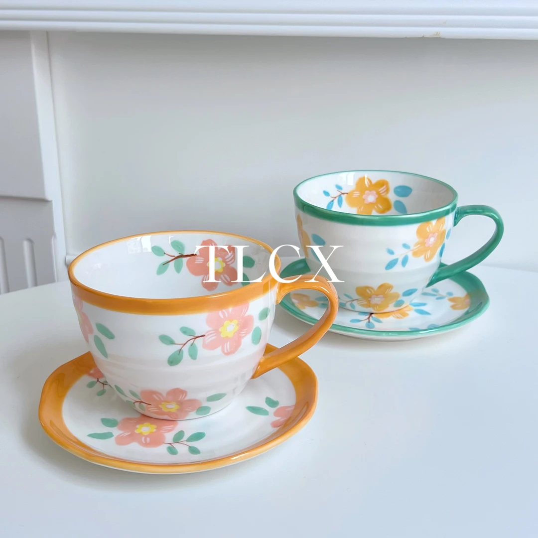 【TLCX 外贸原单】橙花/绿花手绘咖啡杯碟套釉下彩