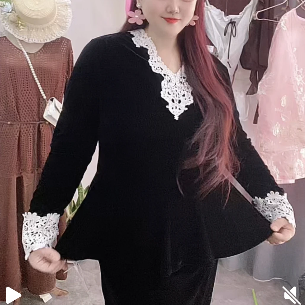 大码女装2025早秋穿搭法式高级感蕾丝拼接上衣时尚镂空鱼尾裙两