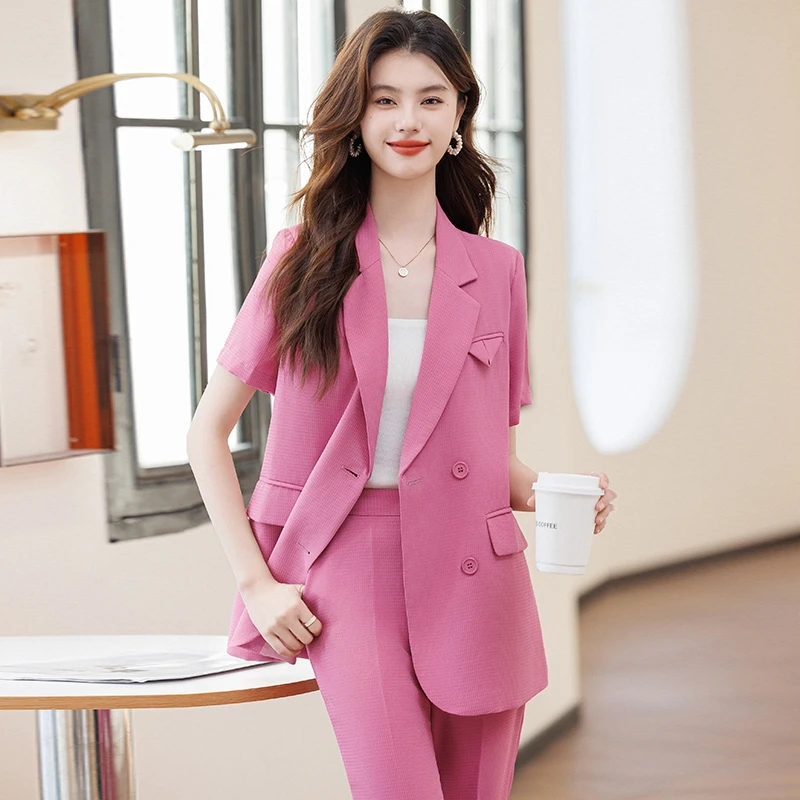 玫红色西装外套女夏季薄款短袖2025新款高级感休闲职业装西服套装
