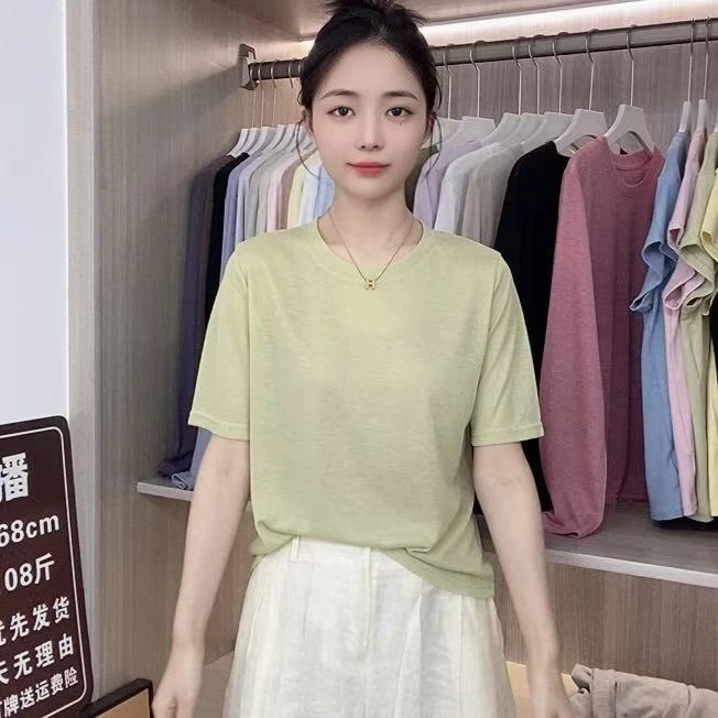 夏季薄款面膜短袖T恤女时尚圆领百搭宽松显瘦轻薄透气打底衫0612