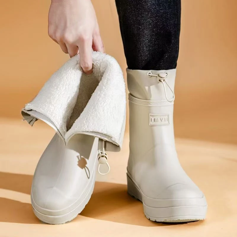 2026冬季保暖加绒雨鞋女款短筒束口雨靴厚底防滑水鞋户外短款水靴