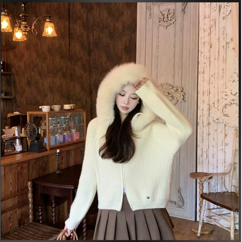 秋冬毛衣外套女新款高级感宽松狐狸毛领连帽针织开衫