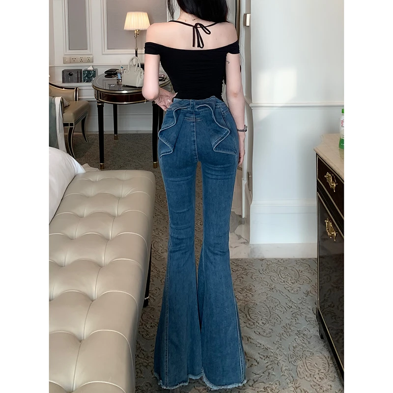 亦菲同款设计感后腰立体蝴蝶牛仔裤女2025秋款高腰显瘦翘臀喇叭裤