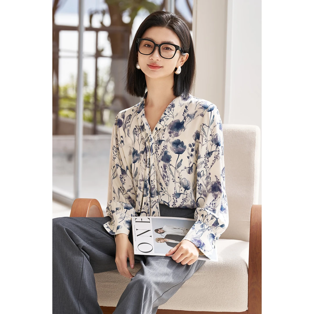 米思阳春秋气质时尚水墨印花衬衫小众设计感碎花衬衣5M25AXS5536