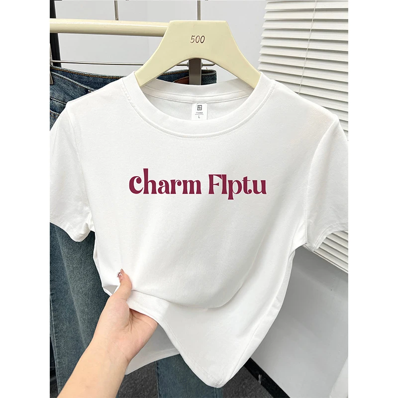 潮牌复古简约字母印花正肩短袖t恤女夏季新款花灰色大码休闲上衣