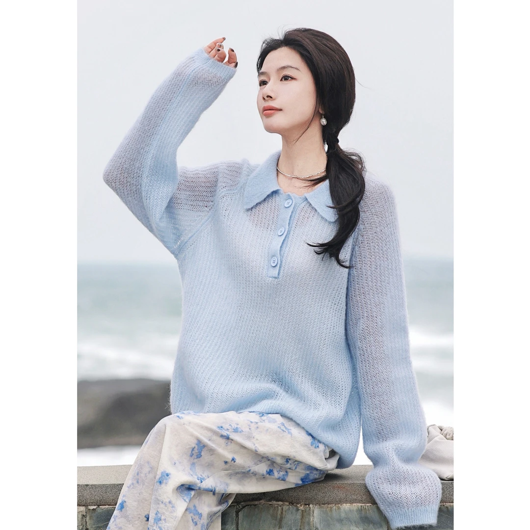 【赵大喜】现货！蓝泡泡针织衫｜polo领针织衫2025新款慵懒宽松蓝色