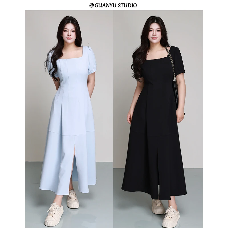 【赫本序曲】蛋妹大码女装微胖mm夏季方领造型法式连衣裙DM26469