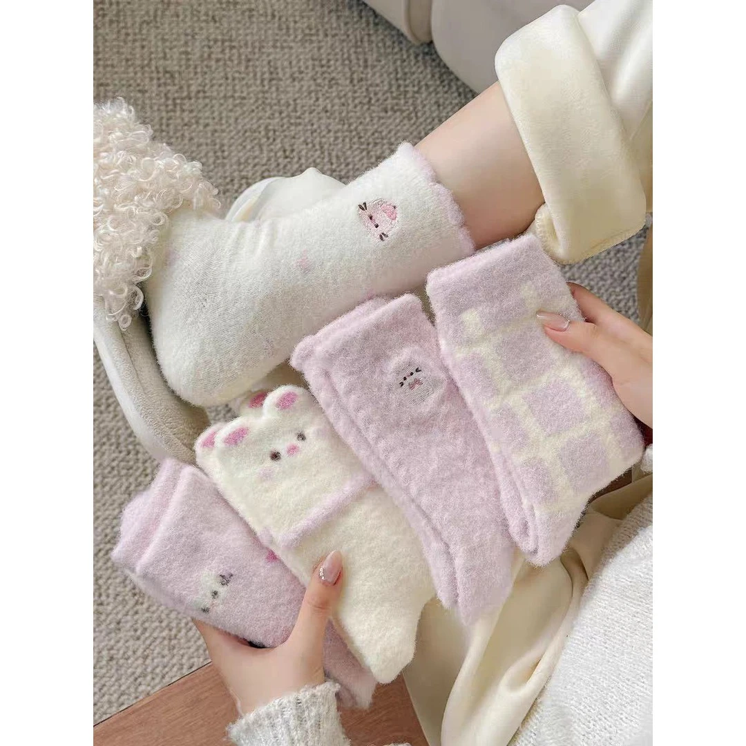秋冬季新款加厚保暖中筒袜子女可爱小兔子粉色长筒睡眠地板居家C