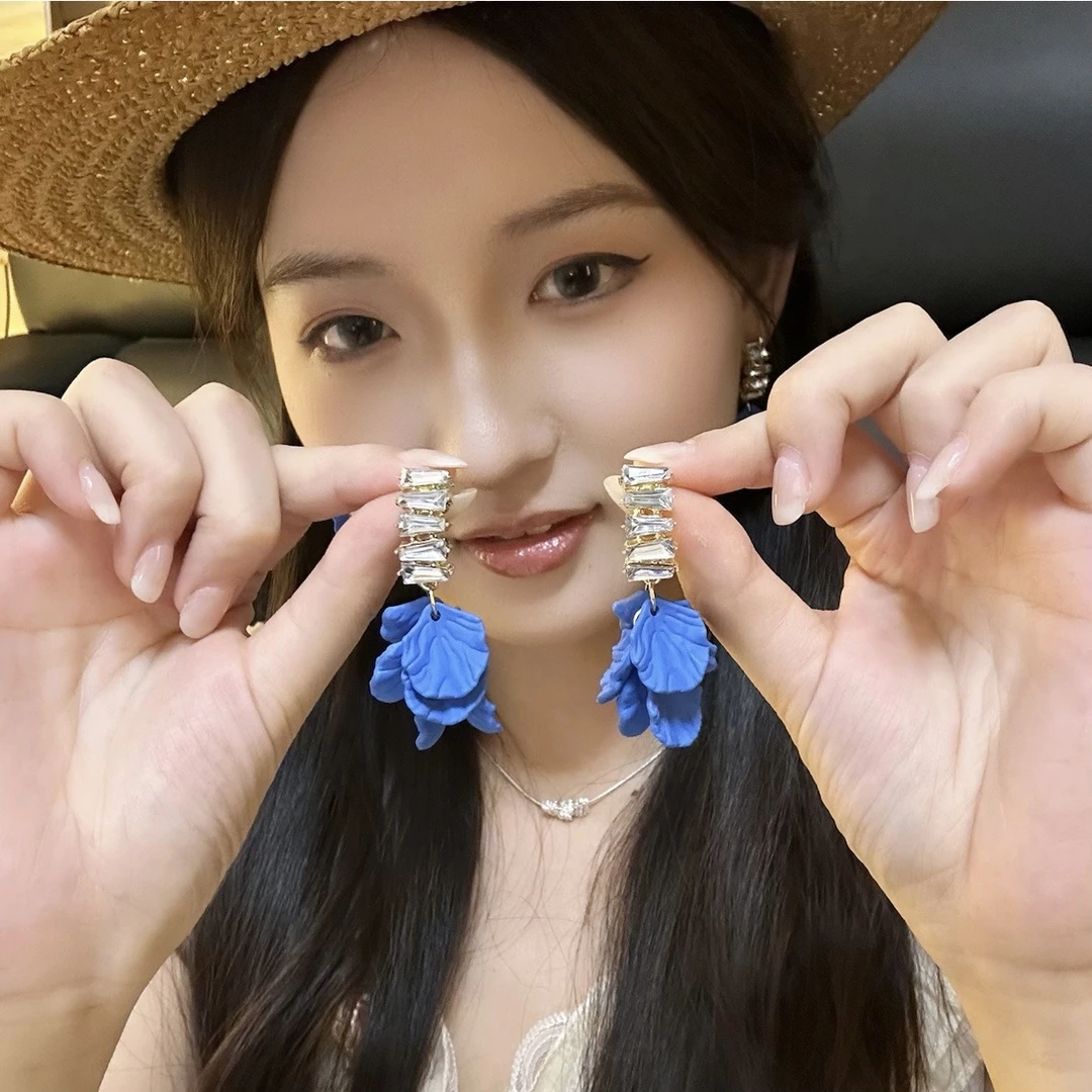 铜合金耳饰 克莱因蓝复古锆石耳钉流苏简约百搭温柔显白ins耳饰