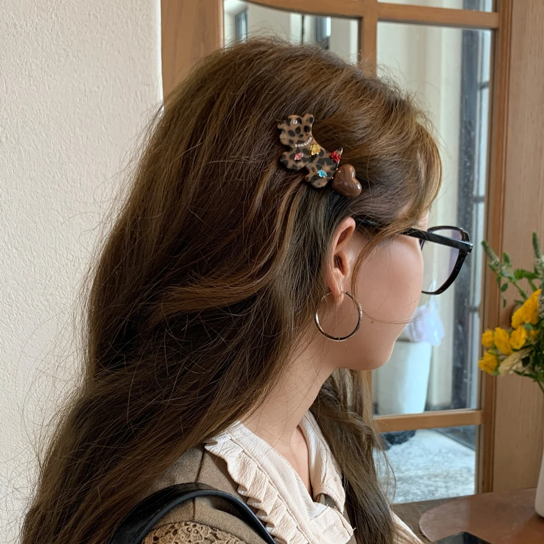韩国东大门新款醋酸豹纹小狗发夹气质法式发饰文具收纳盒