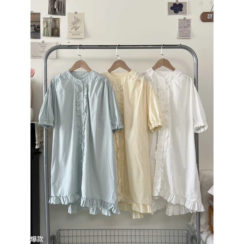 茜茜女孩夏季木耳拼接花边衬衫裙日系文艺中长款宽松连衣裙