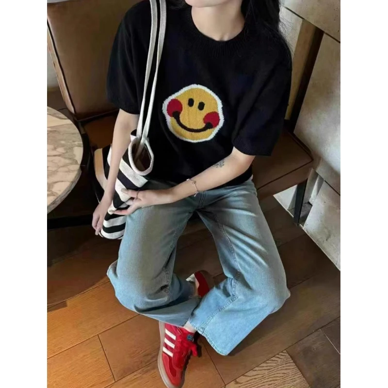 春夏百搭气质加厚圆领笑脸针织短袖女