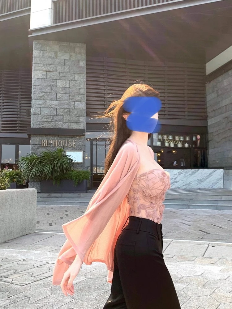 向晚·温莎往事粉色蝙蝠袖披肩针织开衫女名媛风防晒上衣