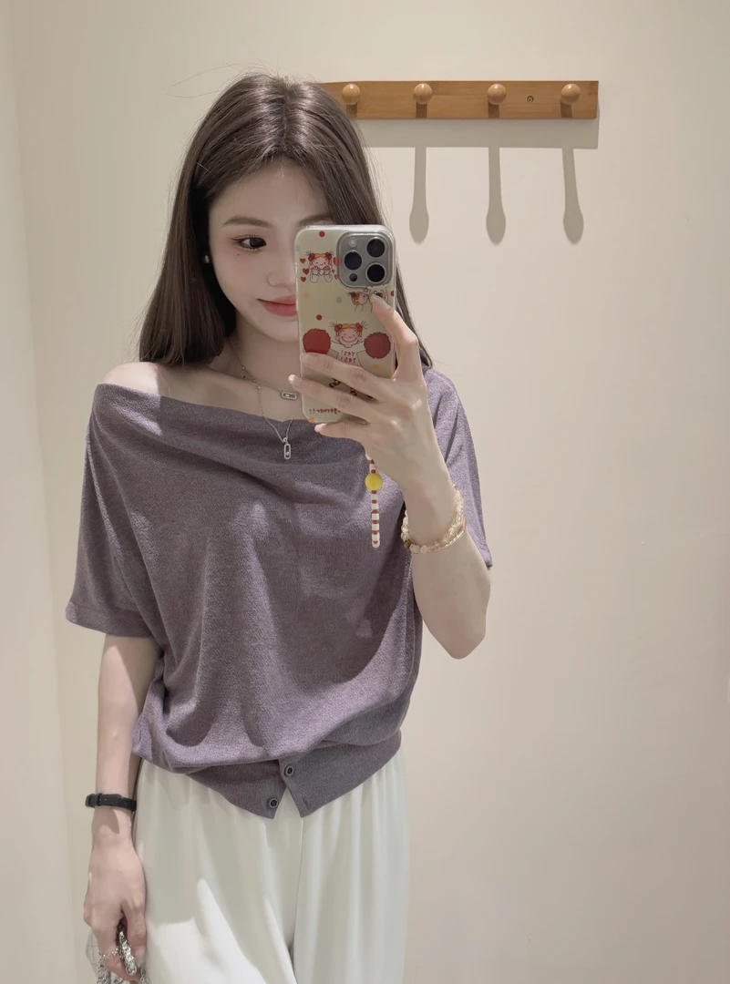 CJJ【心动频率】夏季纯欲紫色不规则短袖韩系显瘦百搭洋气小众上衣