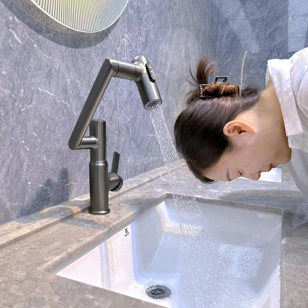 英斯汉雅枪灰色数显招财猫三档多功能洗脸通用立式冷热面盆水龙头