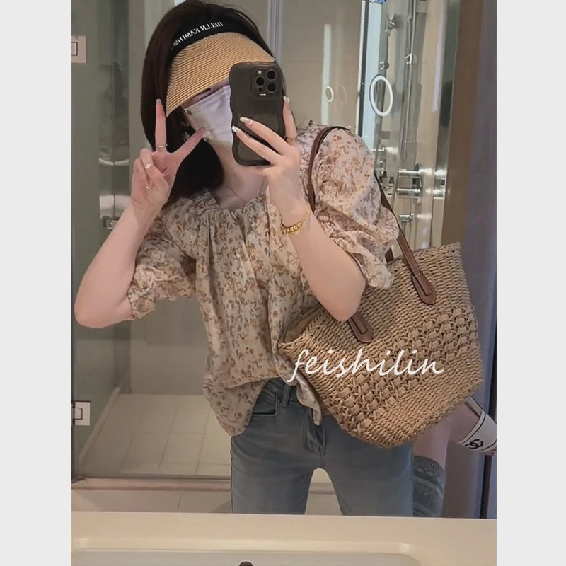 法式泡泡袖碎花雪纺衬衫女夏季设计感小众上衣高级感洋气减龄衬衣