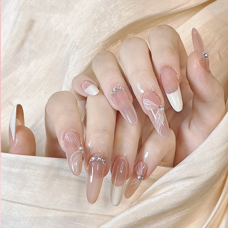 【法式丝带】裸色腮红长款蝴蝶高级感穿戴式甲片2025高级穿戴美甲