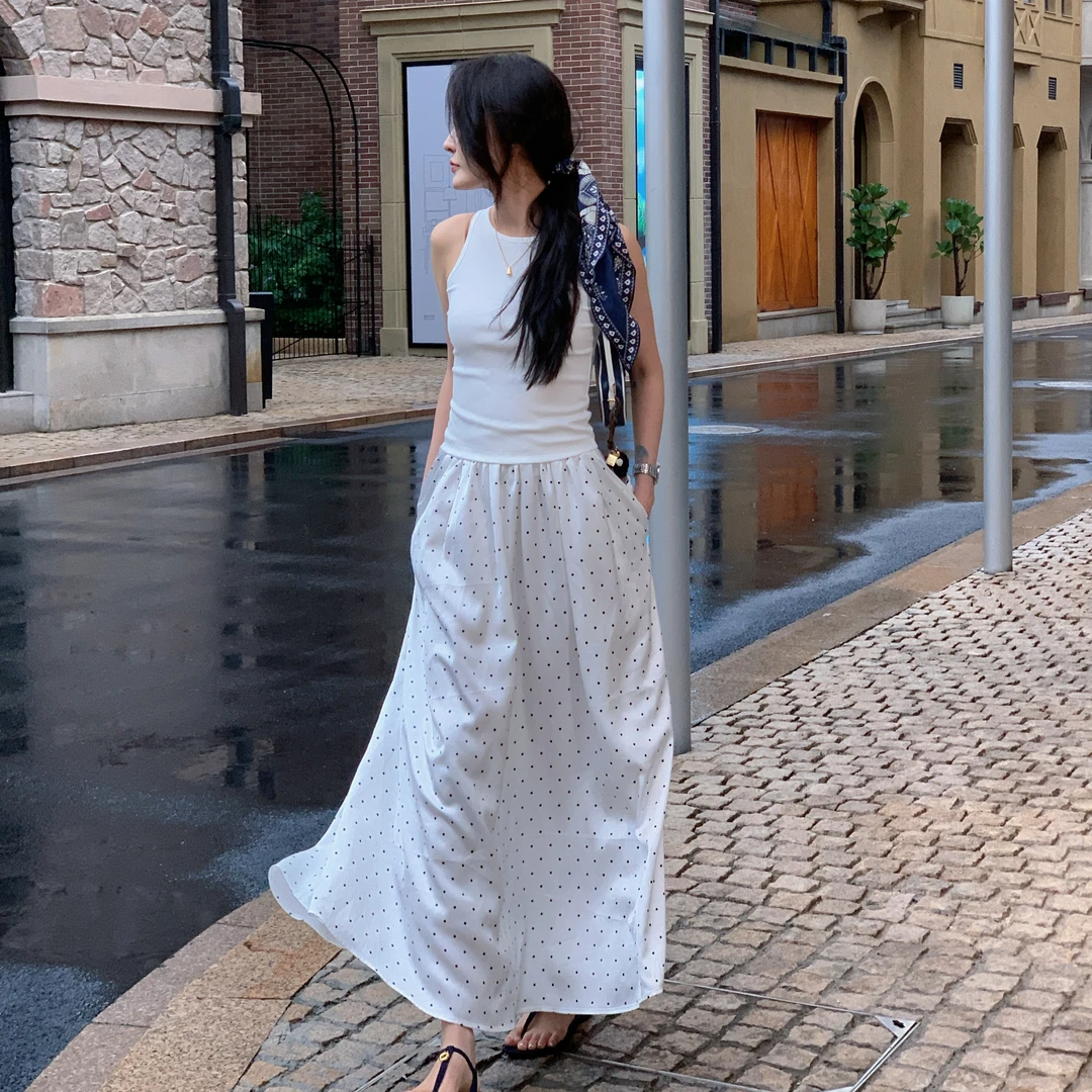 Moprobably李予诺「西西里」波点拼接收腰显瘦无袖连衣裙女L5265040