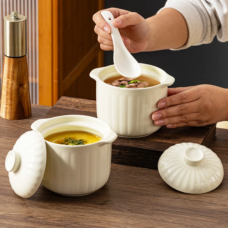 竖纹陶瓷家用纯色双耳带盖炖盅炖网红炖盅汤蒸鸡蛋羹煲汤大容量