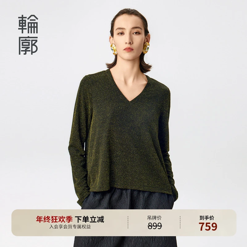 轮廓金色时尚长袖针织衫黑金休闲V领设计款女装针织上衣L241Y017