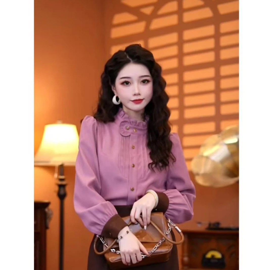 衬衫气质显瘦时尚法式复古女装设计感立领小众510