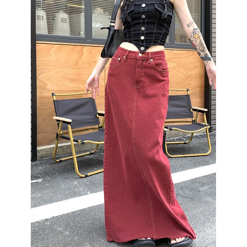 大码复古红色纯欲风牛仔半身裙女夏季高腰显瘦a字裙辣妹开叉长裙