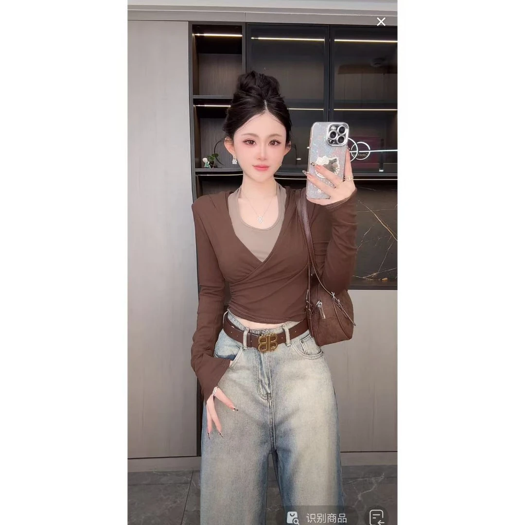 曼曼【特调咖啡】韩系挂脖V领假两件连帽上衣